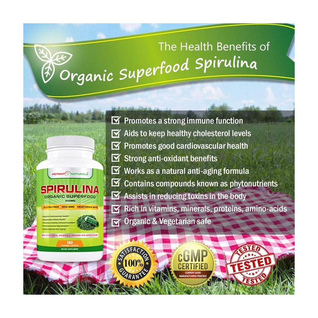 Organic SPIRULINA Superfood / 180-Veggie Capsules - Potent Naturals